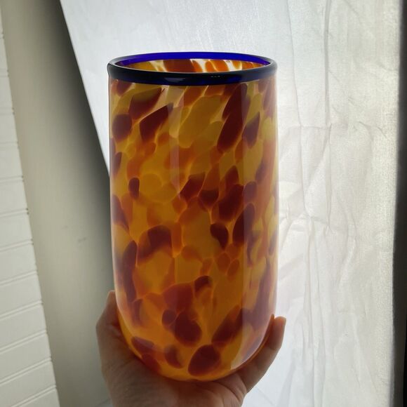 Damon MacNaught Blown Modern Art Glass Cylinder Vase Yellow Red Confetti Signed - Picture 9 of 9